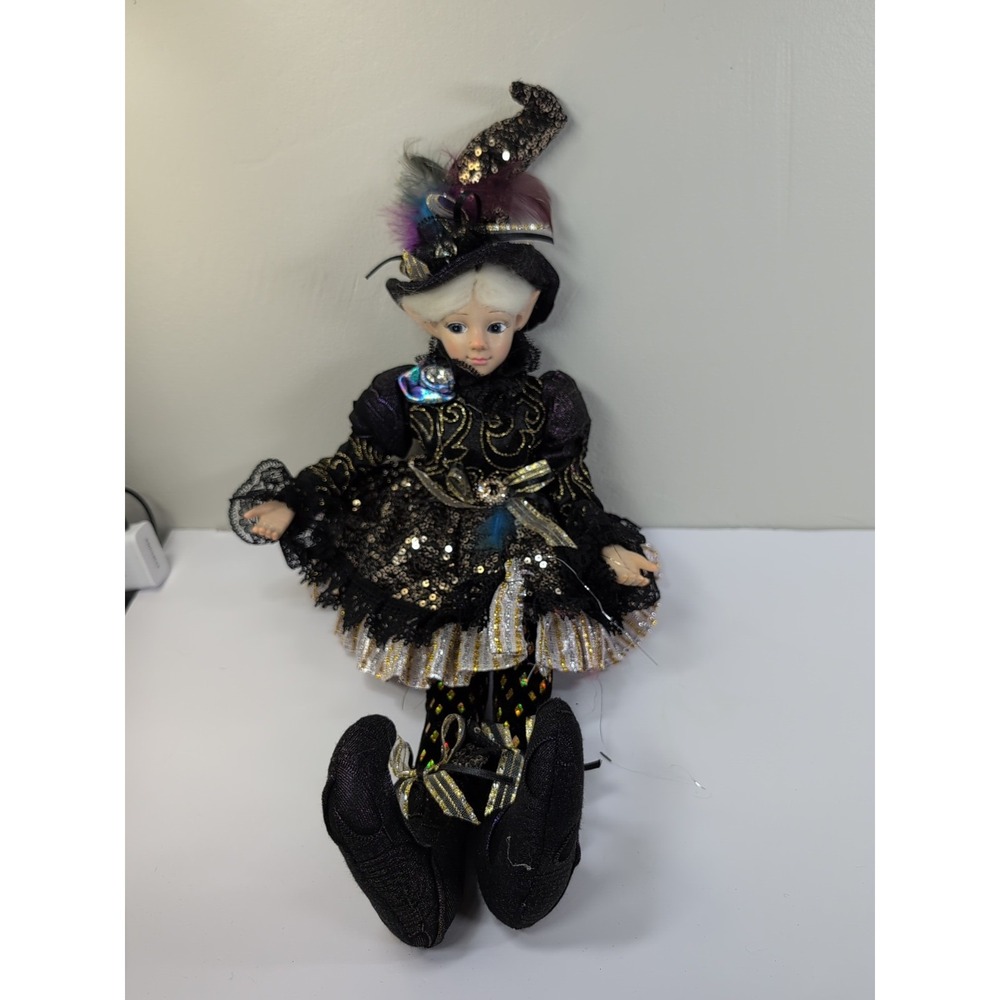 Halloween Elf Shelf Sitter Doll Mantel Decor Black & Gold Nicole Miller